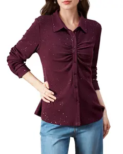 Glittery Burgundy Collared Blouse | Ruched Front Button Up Top | Elegant Long Sleeve Shirt for Women LE-SY120