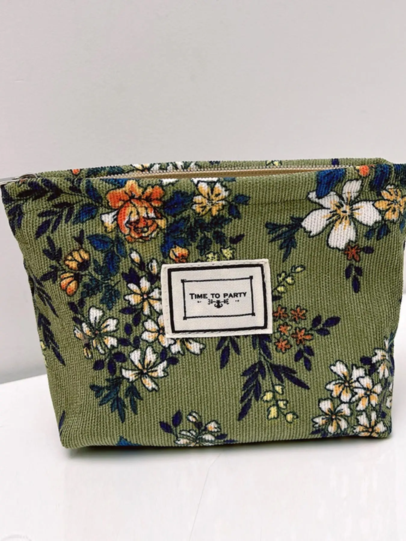 Vintage Floral Print Corduroy Makeup Bag, Casual Versatile Zipper Makeup Organizer Pouch for Women & Girls, Portable Travel Cosmetic Storage Bag