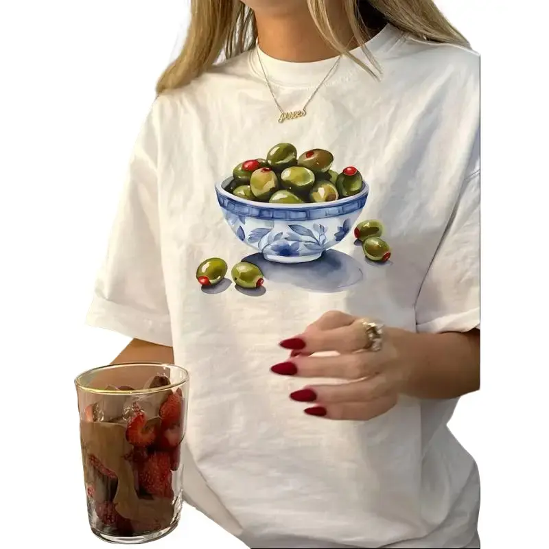 round Neck Retro Casual Printed T-shirt Top Women's Clothing
