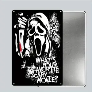 [2D Flat] 1pc Ghostface Horror Movie Quote Metal Tin Sign - "What'S Your Favorite Scary Movie?" - Pre-Drilled Holes for Easy Hanging - Horror Cinema Decor - Home, Office, Cafe, Garage Wall Art - Spooky Gift for Horror Fans - Durab
