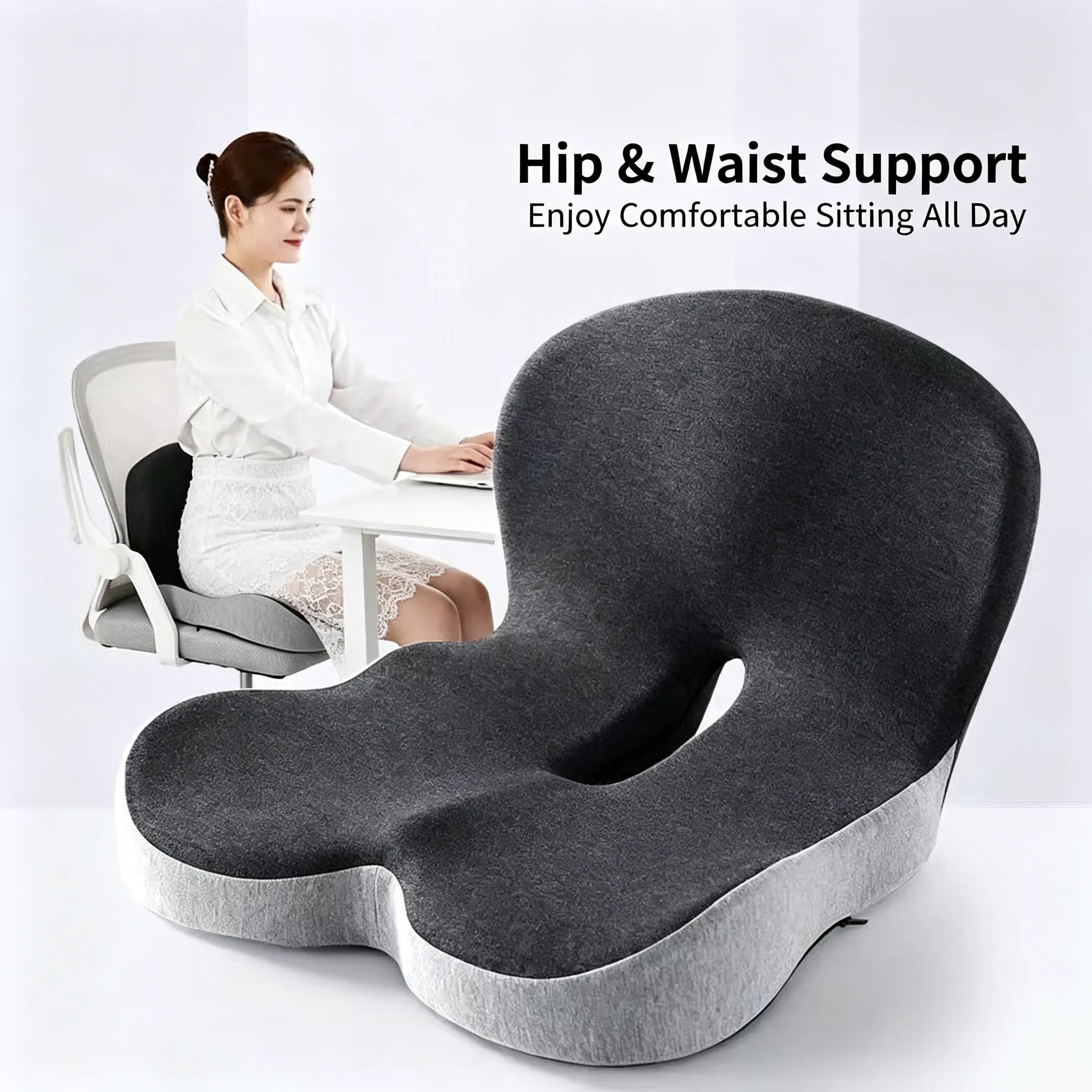 Ergonomic Memory Foam Seat Cushion with Back Support Strap, Pressure Relief for Tailbone & Lower Back, Comfort Pad for Office Chair, Car, All-Day Sitting