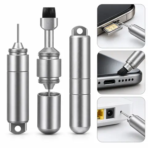 2-in-1 SIM Card Removal Tool with Cleaning Brush, Aluminum Alloy Dual-Head SIM Ejector Pin & Earbud Cleaning Tool with Keychain Clip, Portable Phone Maintenance Accessory for Smartphones, Wireless Earbuds & Electronic Devices