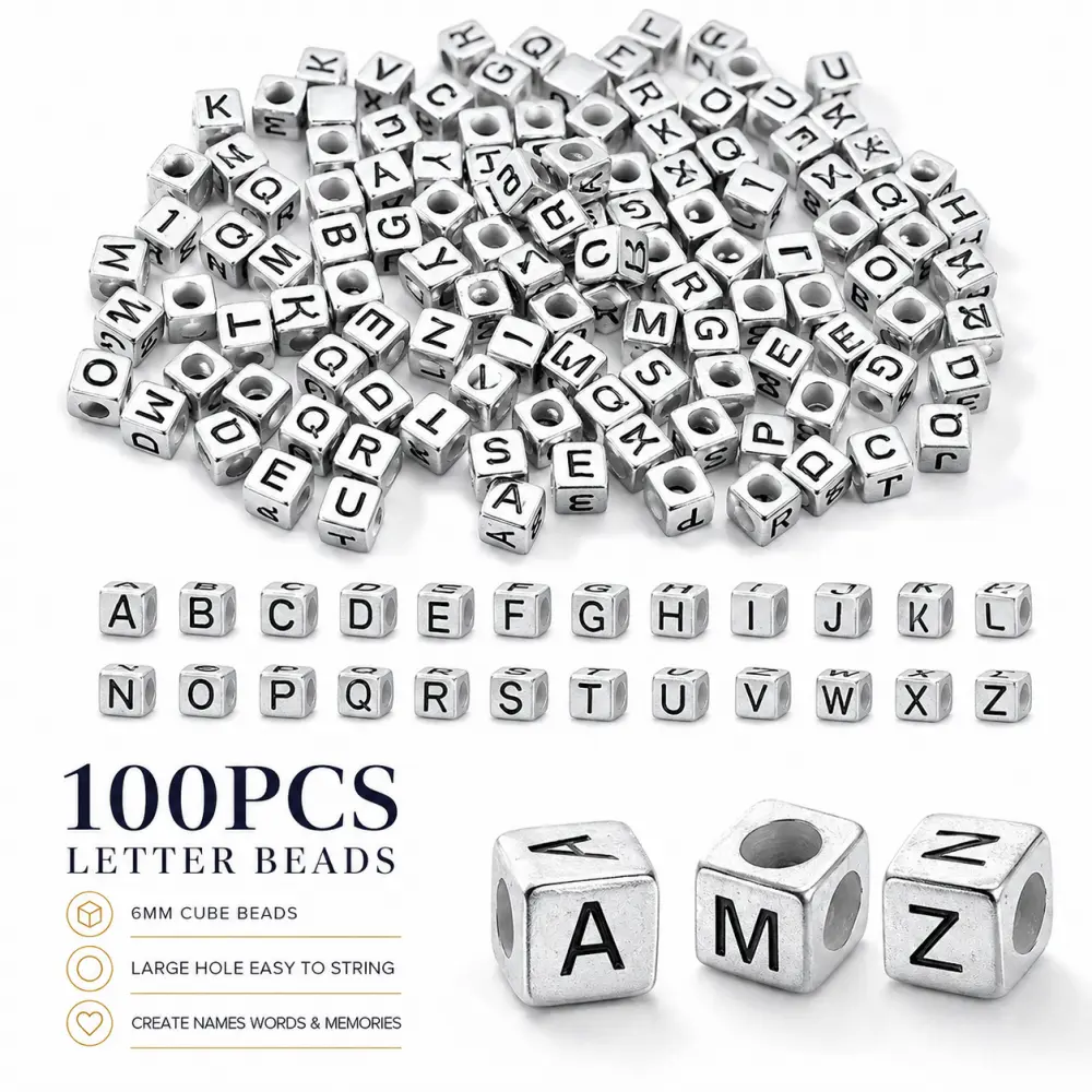 100PCS 6mm Silver Acrylic Cube Letter Beads with 3.5mm Large Hole, A-Z Alphabet & Number Beads for Family & Beginners’ DIY Jewelry Making Supplies (Ideal for Mother’s Day, Valentine’s Day)