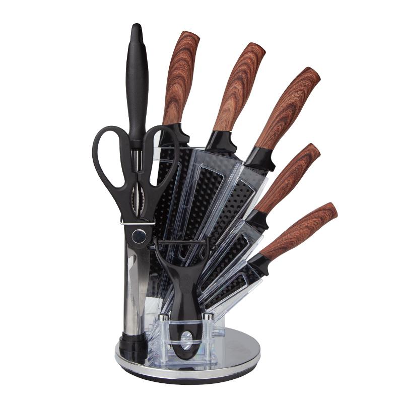 9-Piece Kitchen Knife Set - Black Chef Knife Set with Sharp Blades, Non-Stick Stainless Steel Cooking Knives Set, Ergonomic Wood Grain Handle, Aesthetic Kitchen Knives,Meat Knife Block
