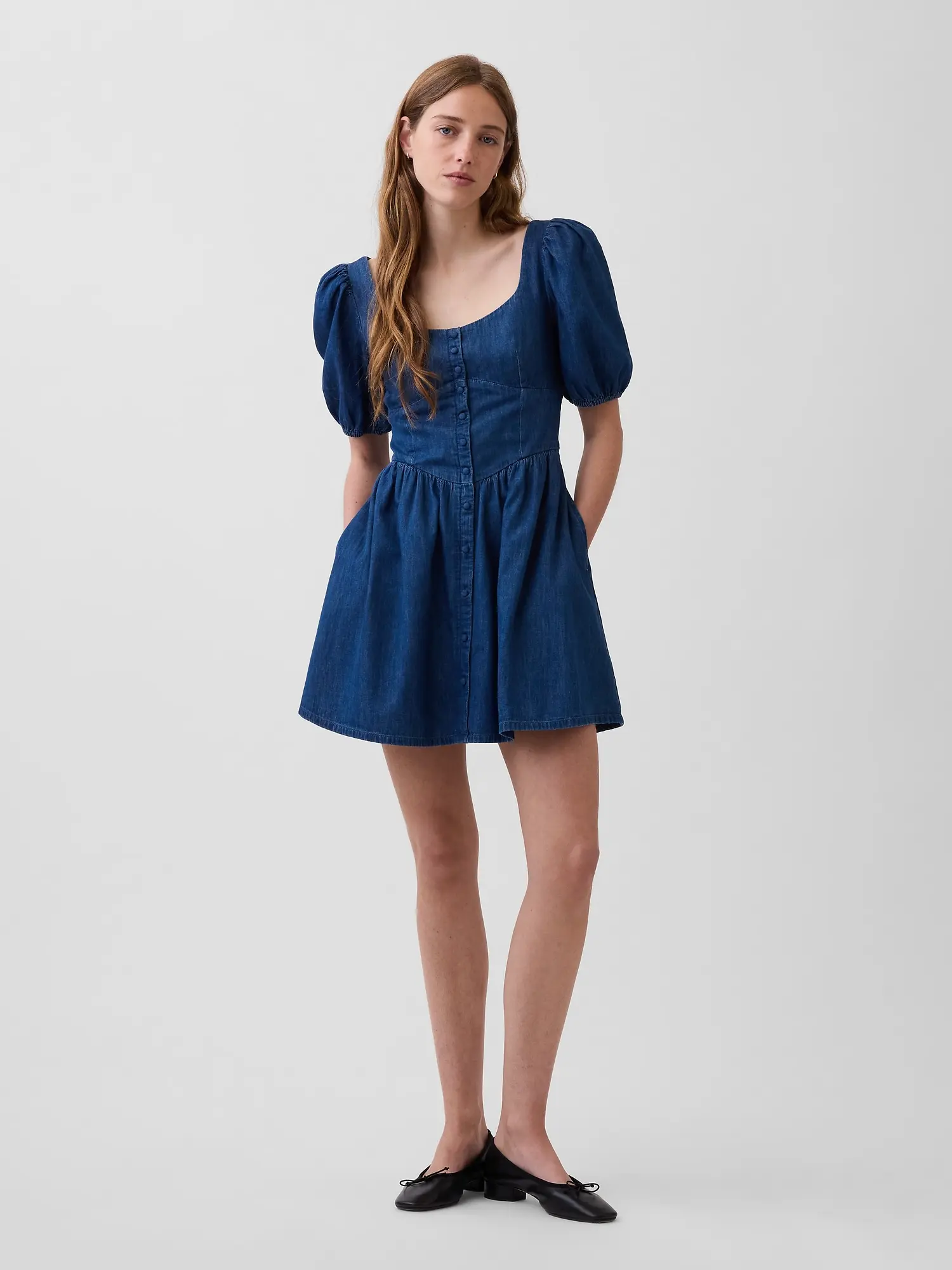Gap Women's Denim Puff-Sleeve Sweetheart Mini Dress