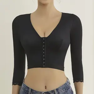 Body Shaping Top Yoga Front Buckle Sports Outerwear Body Shaping Lace Edge 3/4 Sleeve