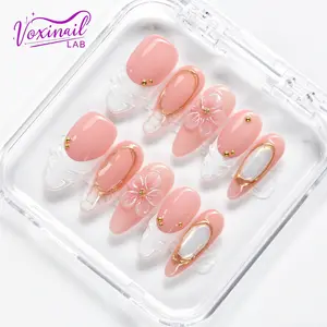Voxinail Lab | Pêche Dorée | Handmade Long Almond Press-On Nails | Acrylic, Reusable, Long-Lasting