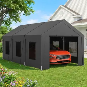 Carport 10x20 ft Heavy Duty, Car Port with Reinforced Steel Frame and 6 Roll-up Windows, Portable Garage with Sturdy Ground Nails, Waterproof All-Season Car Canopy for Boat, Truck, Grey