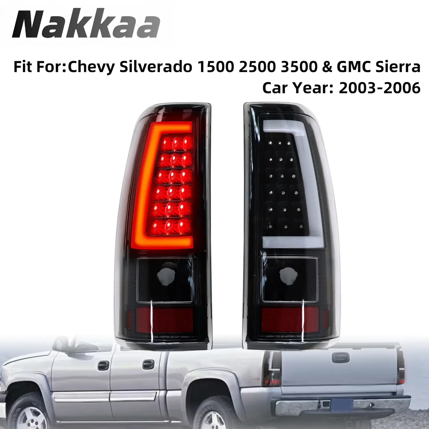 Nakkaa Fit for 2003-2006 Chevy Silverado 1500/2500/3500 & GMC Sierra, Black LED Rear Tail Light Assembly - Plastic Polycarbonate Lens Brake Turn Signal Lamps with LED Backlights, Car Lighting Accessories, Dip Led