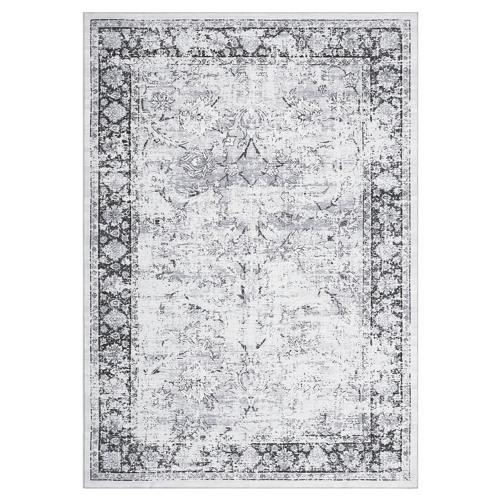 6ft x 4ft Grey Oblong Polyester Fiber Decorative Rug Mat - Distressed Floral Pattern, Stain-Resistant, Low Pile, High-Traffic, Machine Washable, Vacuum-Compatible, Spot Cleaning with Gentle Detergent, Family-Friendly for Living Room, Bedroom