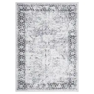 10x13 ft Durable Low Pile Polyester Grey Rectangular Vintage Floral Pattern Area Rug, Machine Washable for Living Room, Bedroom, Durable Area Rugs, Low Pile Rug