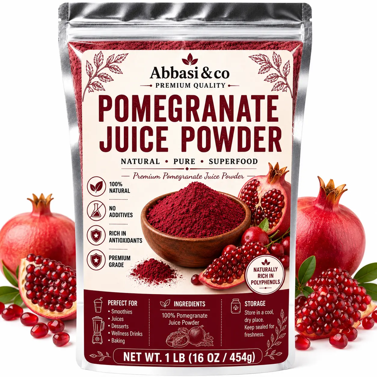 Premium Quality Pomegranate Juice Powder 100% Freeze-Dried, Superfood, Natural Rich in Antioxidants No Additives Perfect for Smoothies Juices Desserts