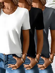 Summer women's solid color bottom t-shirt, women's summer round neck t-shirt, women's top t-shirt, basic loose clothing, washed t-shirt, women's tops, women's clothing, everyday tops t-shirt Fit Casual Womenswear