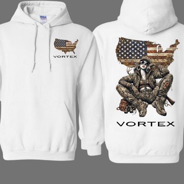 Vortex USA Camo Hoodie – American Flag Map Graphic with Outdoor Camo Girl Artwork for Men & Women | Patriotic Streetwear & Outdoor Apparel by Huntwear Design