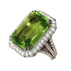 Luxury Big Stone Silver Plated Emerald Cut Rectangle Green  Zircon Ring