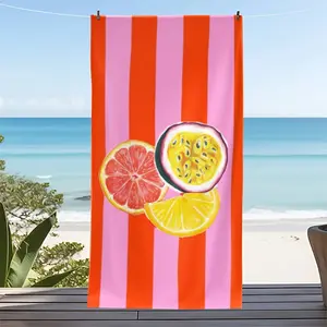 "Grapefruit, Passion Fruit, and Lemon Slices Design on Pink Stripe Background" Themed Beach Towel, Summer Beach Towel, Suitable for Outdoor Travel, Beach, Camping, Bathroom, Children's and Parents' Day, Party, Vacation