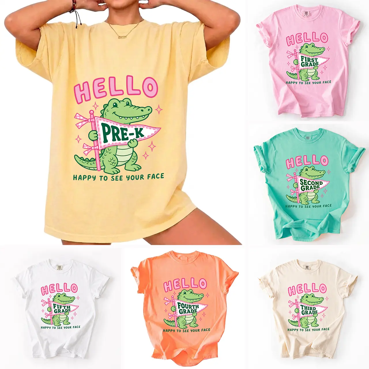 Comfort Colors Alligator Grade Shirt, Hello Happy To See Your Face Shirt, Pre-K–5th Grade Teacher Tee, Back To School Shirt, Preschool Crew, Teacher Gift, Back To School Gift