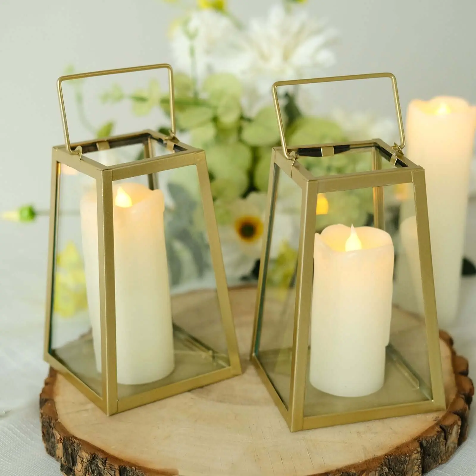 2-Pack Metal Candle Lanterns Trapezoid Geometric Design Gold - Hanging Terrariums Table Centerpieces for Indoor/Outdoor 6"
