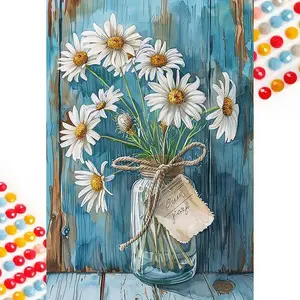 1 set of DIY diamond painting kit, 5D diamond art set, DIY decoration white daisy, glass bottle, blue background mosaic, diamond art, DIY art home decoration
