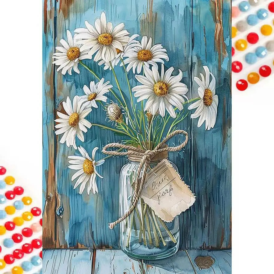 1 set of DIY diamond painting kit, 5D diamond art set, DIY decoration white daisy, glass bottle, blue background mosaic, diamond art, DIY art home decoration, Handicraft