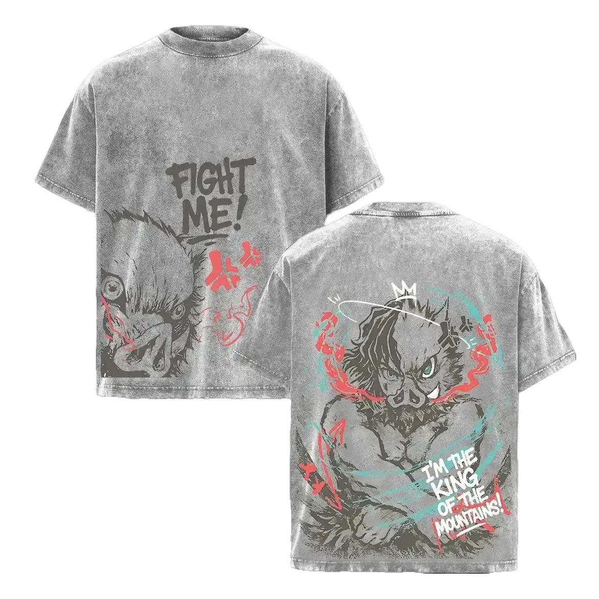 Oversized Anime T-shirt for Men, Demon Slayer Inosuke Graphic, Acid Washed Streetwear, Pre-Washed Soft 230gsm Cotton, Tshirt, Oversized Tee, Vibrant Graphics, Round Neck, Short, Fabric, Shortsleeve, Breathable