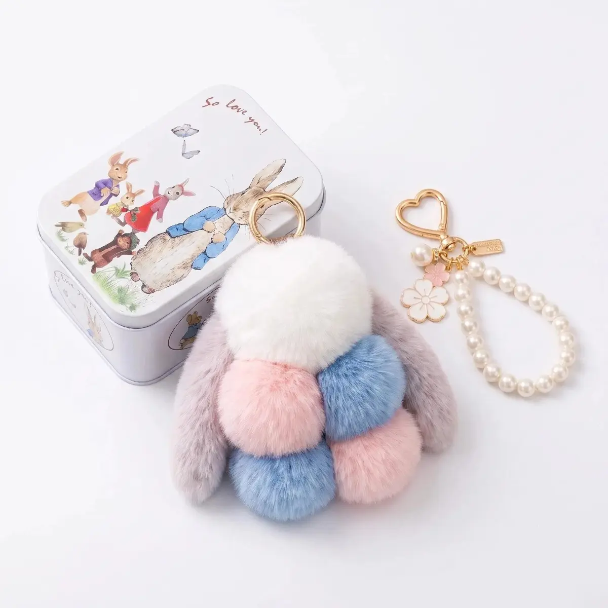 Fluffy Pastel Bunny Pom Pom Keychain, Kawaii Cute Collectible Key Chain with Tin Box, Bonus Pearl Flower Heart Pendant, Soft Squishy Stress Relief Charm, Girly Backpack Decor Casual Gift