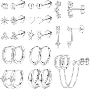 Flat Back Earrings Hypoallergenic Surgical Steel Earrings for Women Trendy Cartilage Chain Earring 14K Gold Plated Star Heart CZ Flatback Stud Earring Sets for Multiple Piercing