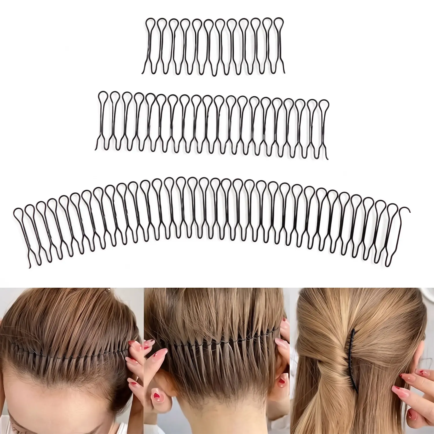 3pcs U Shape Hair Finishing Fixer Comb, Bobby Bangs Holder Styling Tool Stretchable Hair Pin U Shape Wavy Comb Clips Spring Headband Curly/Thin/Thick Hair Styling Black Pins Bun Hairpins for Women Girl