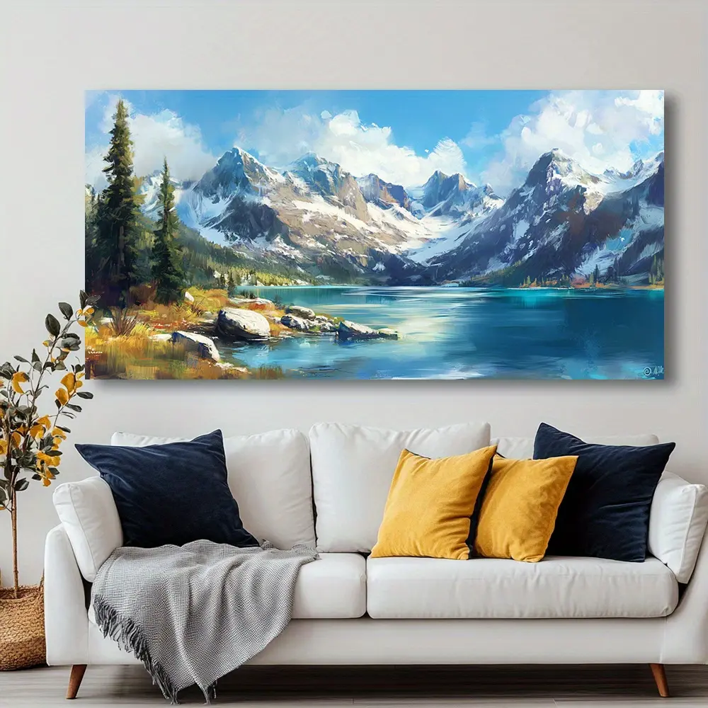 1 Piece Alpine Blue Lake Canvas Wall Art - Modern Abstract Landscape Painting, Vibrant Mountain Lake Scene, High Quality Wraparound Canvas Print for Living Room, Bedroom, Office, Kitchen and Bathroom Decor, Lake House Decor