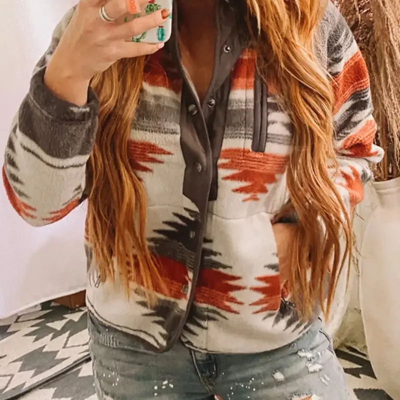 Women's Geometric Print Pocket Button Front Zipper Stand Collar Polar Fleece Jacket, Casual Long Sleeve Outerwear For Fall & Winter, Women's Clothes For Daily Wear, Coat