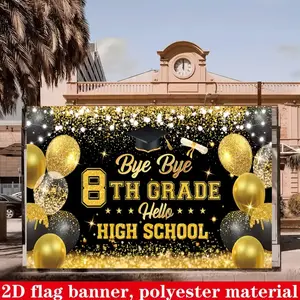 2D Flat 1pc Bye Bye 8th Grade Hello High School Backdrop Banner, Black Gold Glitter Mortar Board Balloon Photography Background,Ideal for 8th Grade Graduation,Middle School Promotion Party,Graduation Ceremony,Photo Booth Decor, Multiple Sizes Available