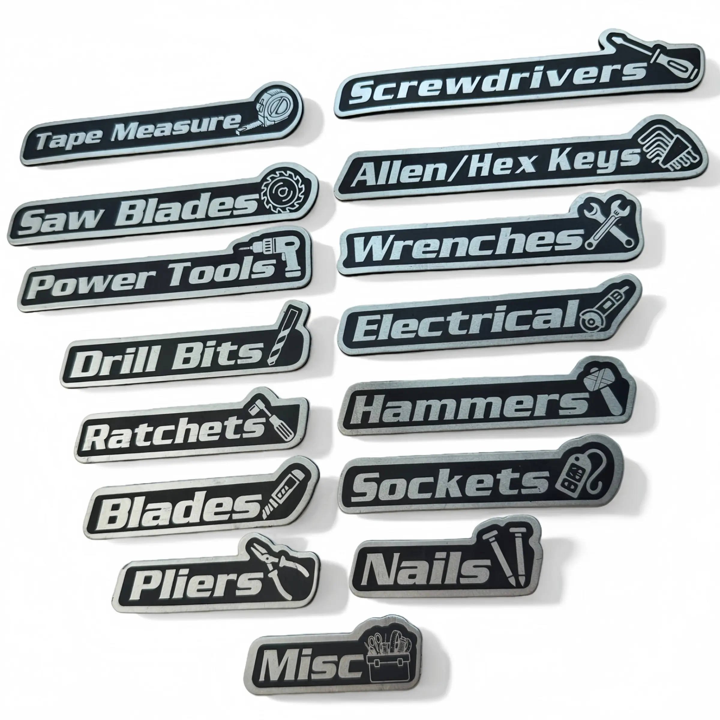 15-Piece Magnetic Toolbox Label Set, Strong Magnetic Hold, Universal Fit Organizer Accessories for Steel Cabinets, Carts, Drawers, and Toolboxes, Ratchets, Pliers, Tape Measure, Power Tools, Saw Blades, Misc