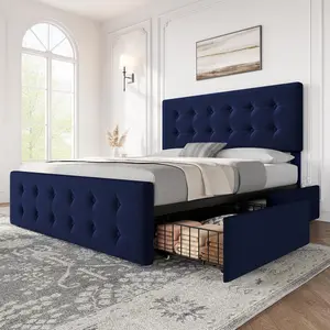 Garvee Velvet Full Size Bed Frame with 4 Storage Drawers, Upholstered Platform Bed with Wooden Slats Support, Button Tufted Headboard and Footboard, No Box Spring Needed - Navy Blue