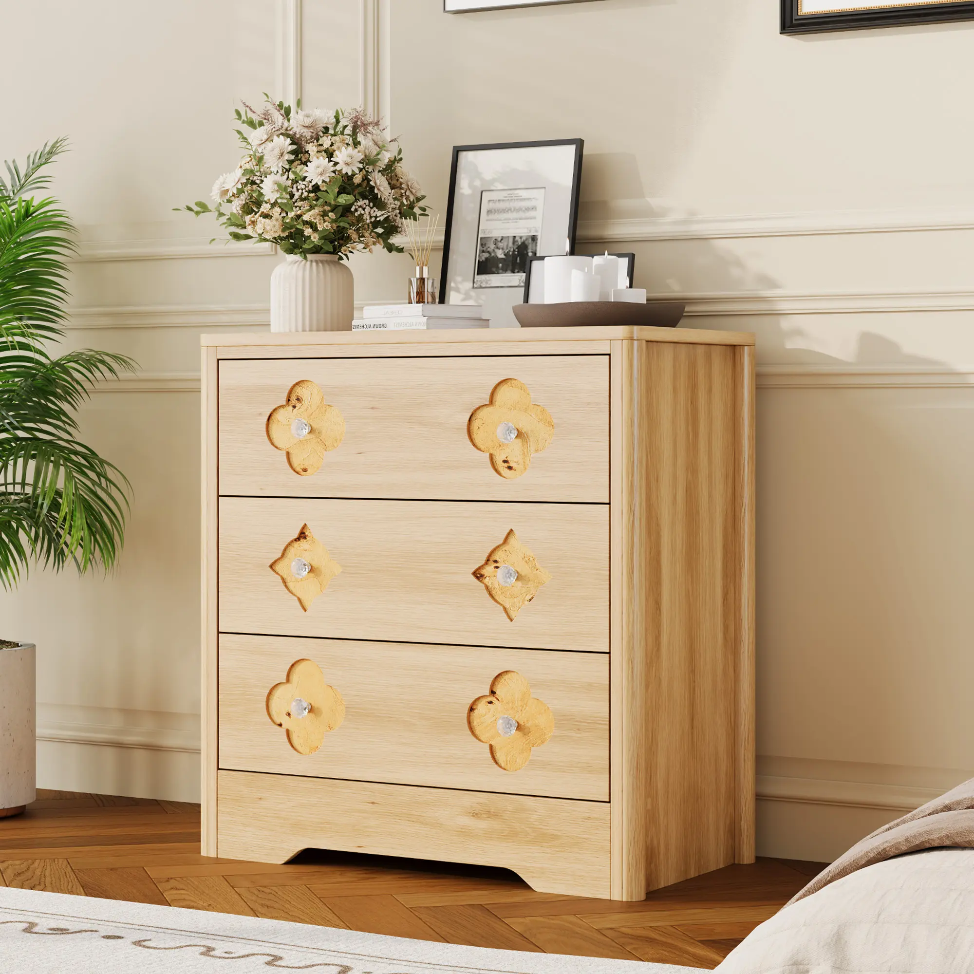Modern Boho Tall 5-Drawer Wooden Dresser - Engineered Wood Chest with Decorative Rattan Fronts, Floral Cutouts, Undermount Slides, 3 Deep Drawers, Quick Setup Spacious Storage for Bedroom, Living Room, Rectangular