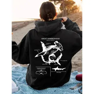 Women's Letter & Shark Print Drop Shoulder Hoodie, Fashion Casual Drawstring Pocket Hooded Sweatshirt for Daily Holiday Outdoor Wear, Ladies Clothes for Spring & Fall??gift??