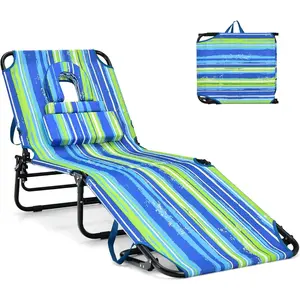 Tanning Chair, 350lbs Beach Lounge Chair with Face Hole, Washable Pillow & Carry Strap, Adjustable Folding Chaise Lounge, Layout Chair for Outside, Patio, Poolside, Lawn (1, Stripe)