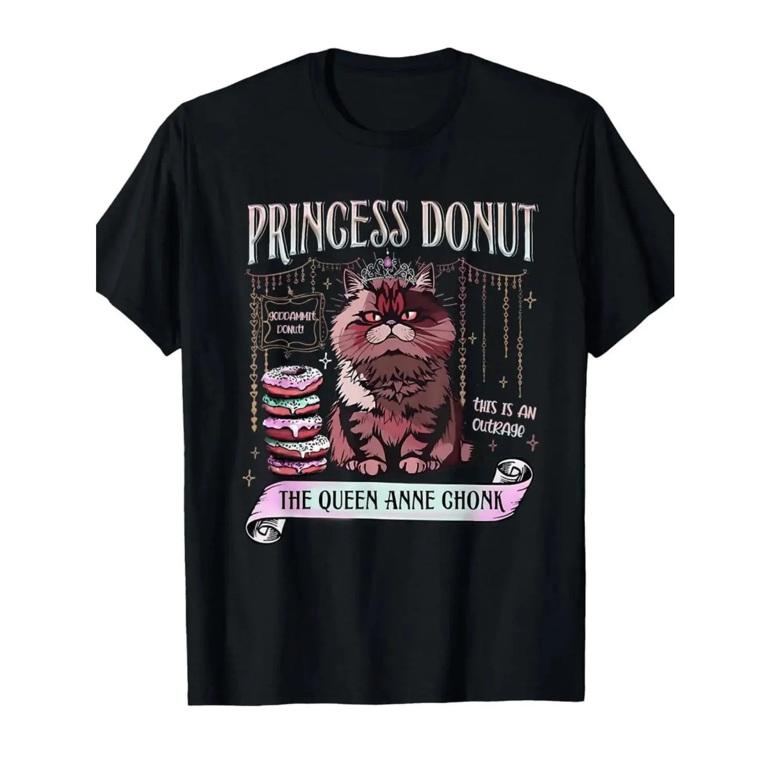 Men's Retro Princess Donut Dungeon Crawler Carl Graphic Tshirt, Round Neck Shortleeve Casual Wear Cotton Sports Top, Vintage Streetwear Funny Book Lover Playful Design Breathable All-Season Shirt, Shortsleeve