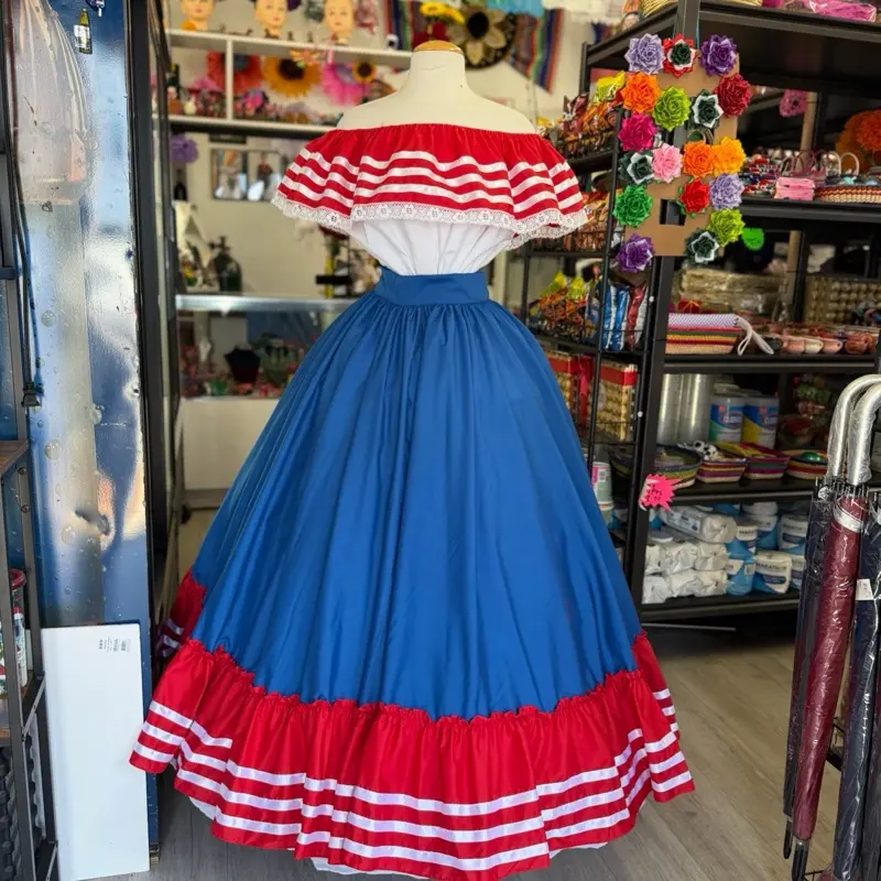 2 piece set Folklore Mexican Solid  skirt and blouse Womenswear