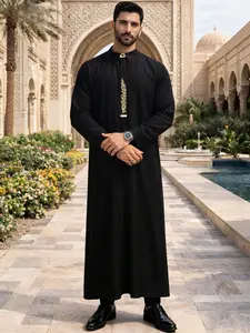 Arabian Islamic Traditional Men's Clothing, Ramadan Eid Festival Wear, Classic Traditional Arabic Robe with Embroidery Collar