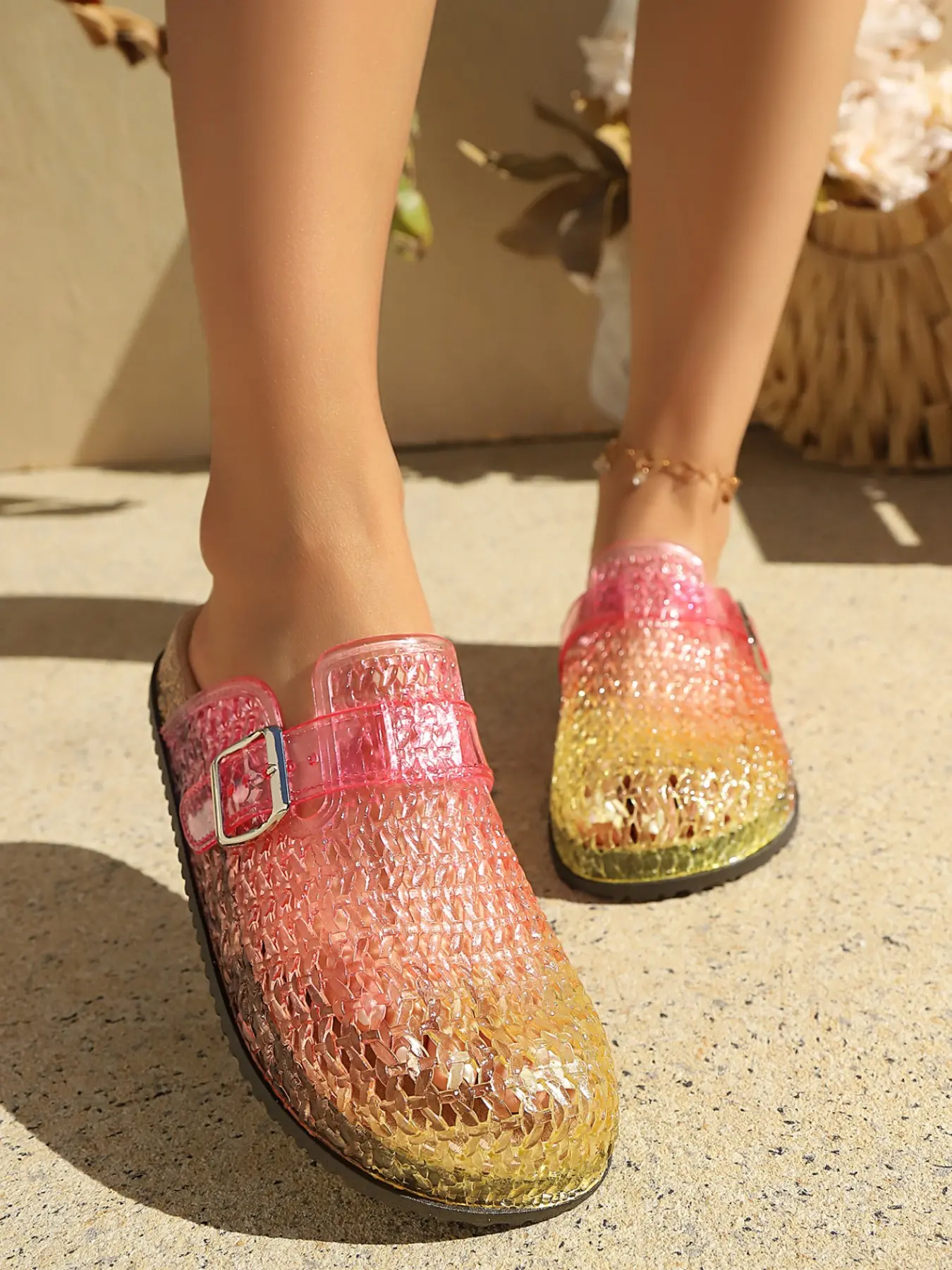 Women's Gradient Jelly Hollow Out Sandals, Buckle Mary Jane Flat Shoes, Summer Outdoor Breathable Perforated Slippers, Unique Sandals