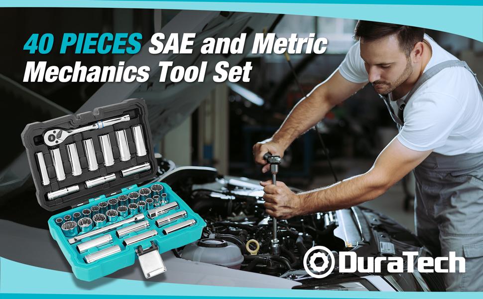#backtoschool DURATECH 3/8" Drive Socket Set, 40 Piece Tool Set Including Standard (SAE) and Metric Sockets, 90-Tooth Ratchet Handle and Extension Bar
