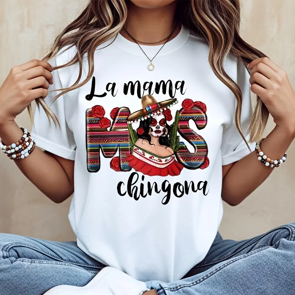 La Mama Mas Chingona Sugar Skull Serape Print T-Shirt, Mexican Day Of The Dead Fiesta Graphic Tee, Cinco De Mayo Party Outfit