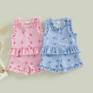Imcute Toddler Baby Little Girl Summer Outfits Set Sleeveless Bow Stripes Print Ruffle Tops + Shorts Set Clothes 6M-4T