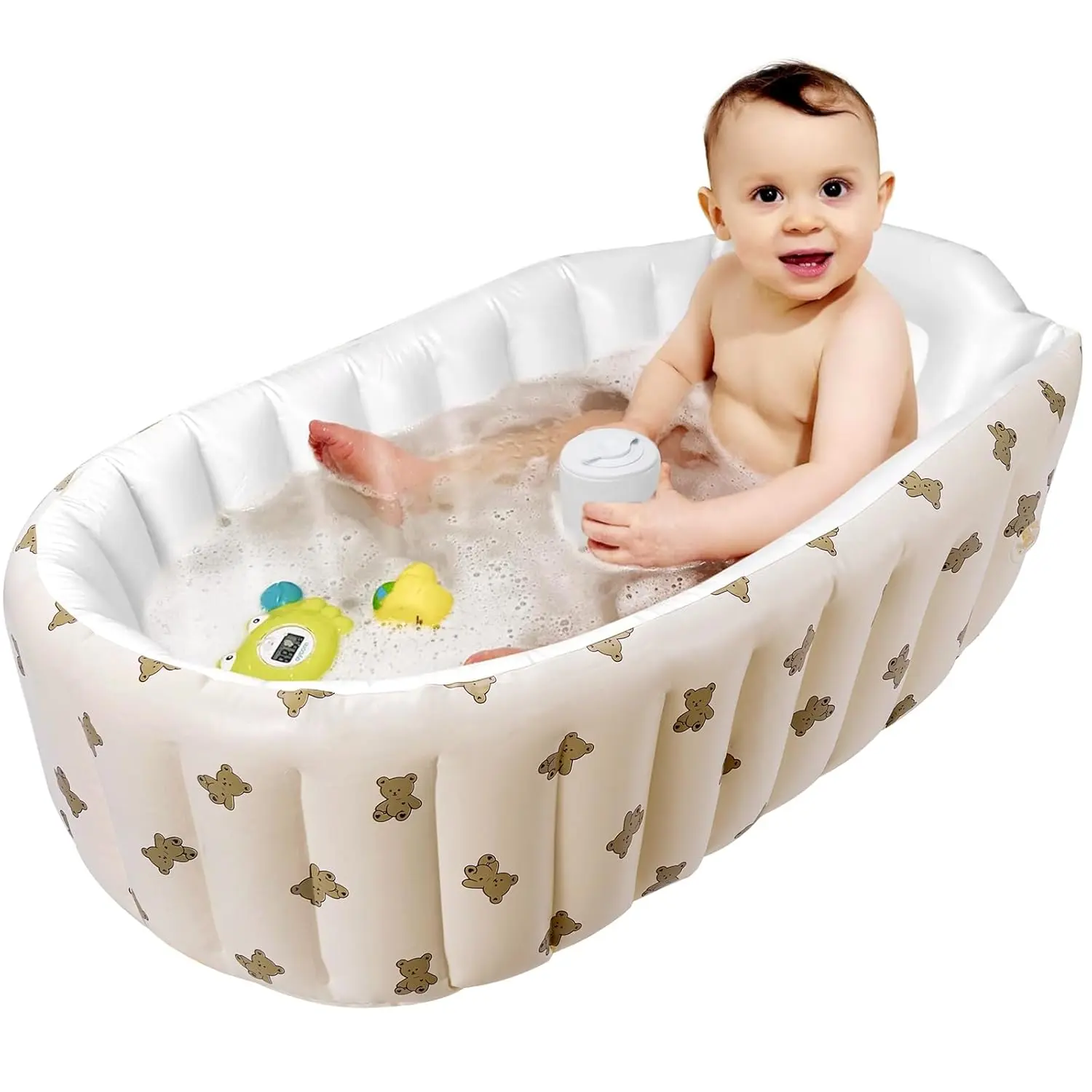 Inflatable Baby Bathtub with Built-in Air Pump, Collapsible Bear Design Travel Basin with Back Support for Newborn to Toddler 0-3 Years
