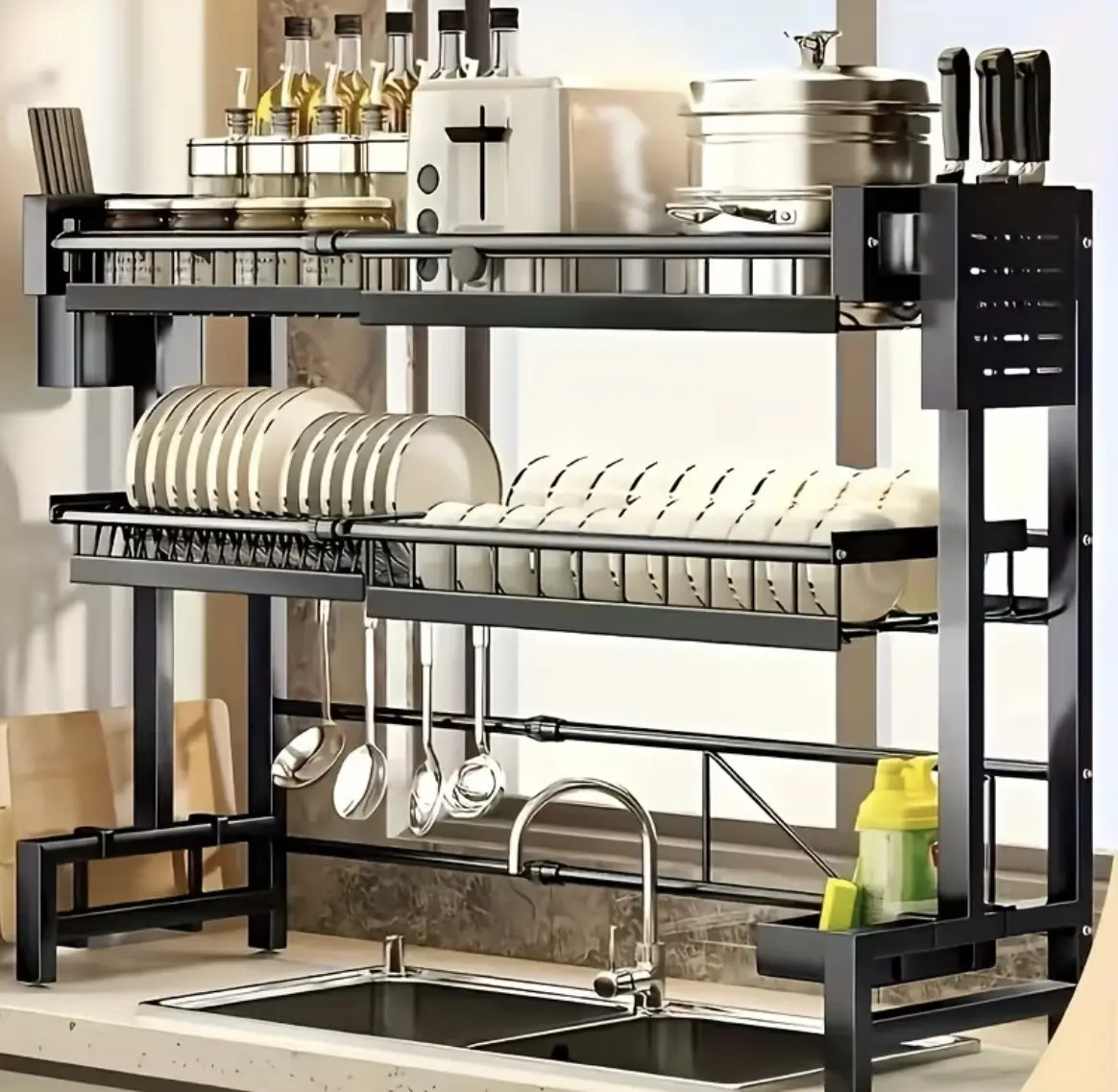 Rectangle Adjustable Dish Drainer - 2-Layer Anti-Rust Carbon Steel Over Sink Countertop Organizer, Expandable with Utensil Tray, Knife Block & Hooks, Durable for RV & Apartment Kitchens