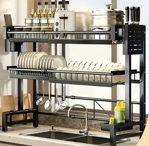 Rectangle Adjustable Dish Drainer - 2-Layer Anti-Rust Carbon Steel Over Sink Countertop Organizer, Expandable with Utensil Tray, Knife Block & Hooks, Durable for RV & Apartment Kitchens