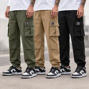 3-pack men’s cargo pants with multiple pockets, tapered legs, drawstring elastic waistband—workwear pants suitable for streetwear, outdoor hiking, and everyday casual wear.
