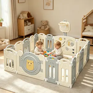 Baby Playpen 18-Panel with Adjustable Basketball Hoop,Lock Door,Adjustable Game Panel,Foldable Toddlers Play Yard, 18-Panel Safety Kids Fence for Indoor & Outdoor,Baby Gate Activity Centre, Gray White