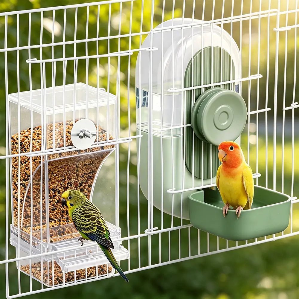 No Mess Bird Feeder Water Dispenser Set, Automatic Parrot Feeder Cage Accessories, Clear Parakeet Seed Container Food Drinker for Cage, Cockatiel Finch Lovebirds Budgies Canary