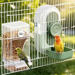 No Mess Bird Feeder Water Dispenser Set, Automatic Parrot Feeder Cage Accessories, Clear Parakeet Seed Container Food Drinker for Cage, Cockatiel Finch Lovebirds Budgies Canary
